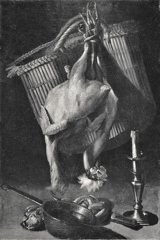 Anonimo — Levoli Nicola - sec. XVIII - Natura morta con pollo, cappone e sporta — insieme